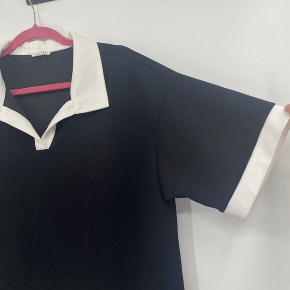 JODIFL Size Large Black Collar Trim Polo Short Sleeve V-Neck Rayon Blend - Picture 5 of 11